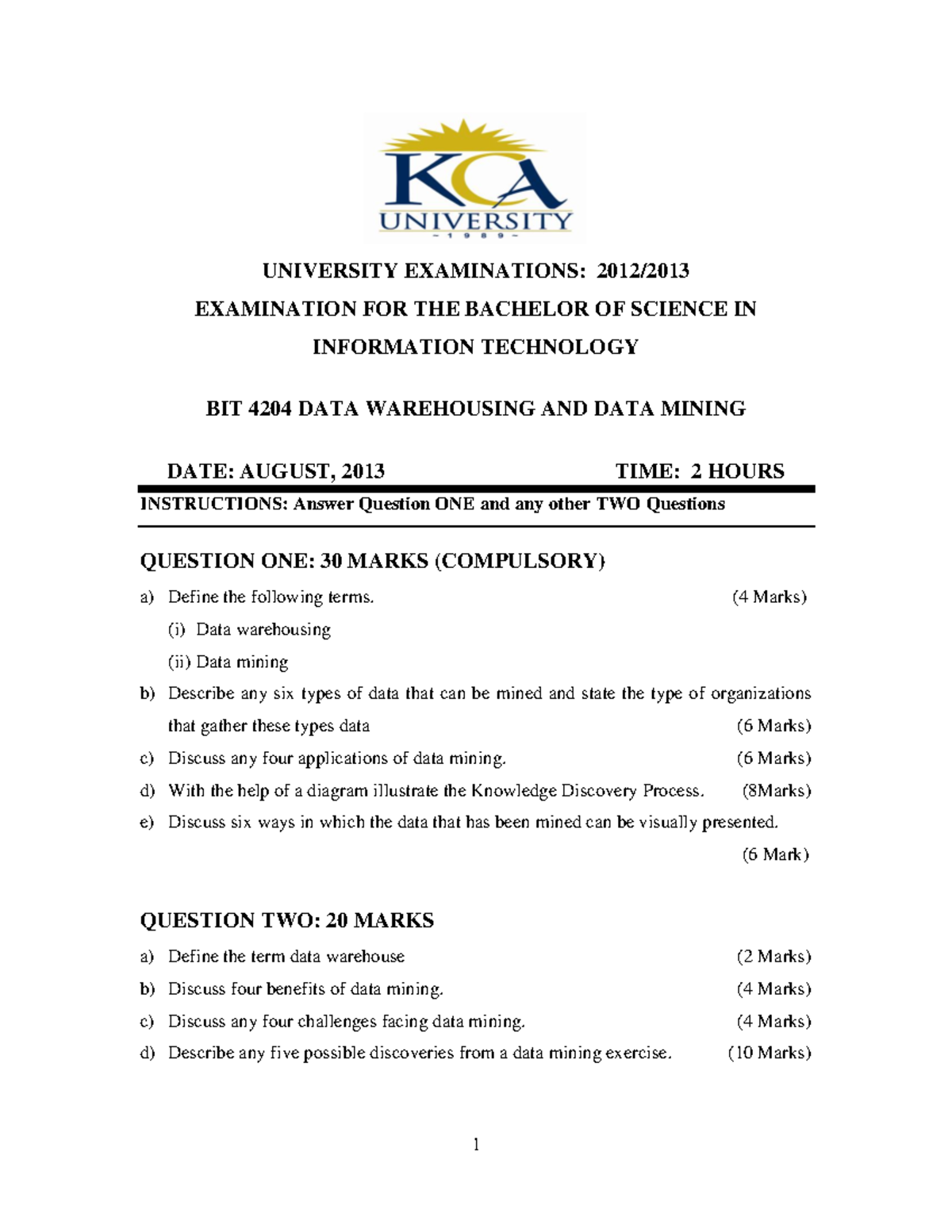 BIT 4204 Data Warehousing & Data Mining - Exam Questions and Answers - Document Preview