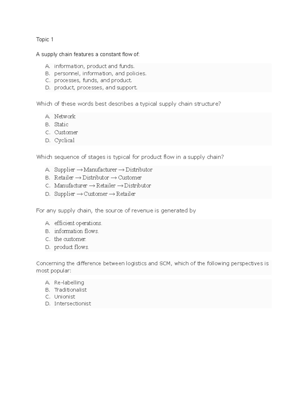 SCM Quiz 1-3: Key Concepts in Supply Chain Management - Studocu