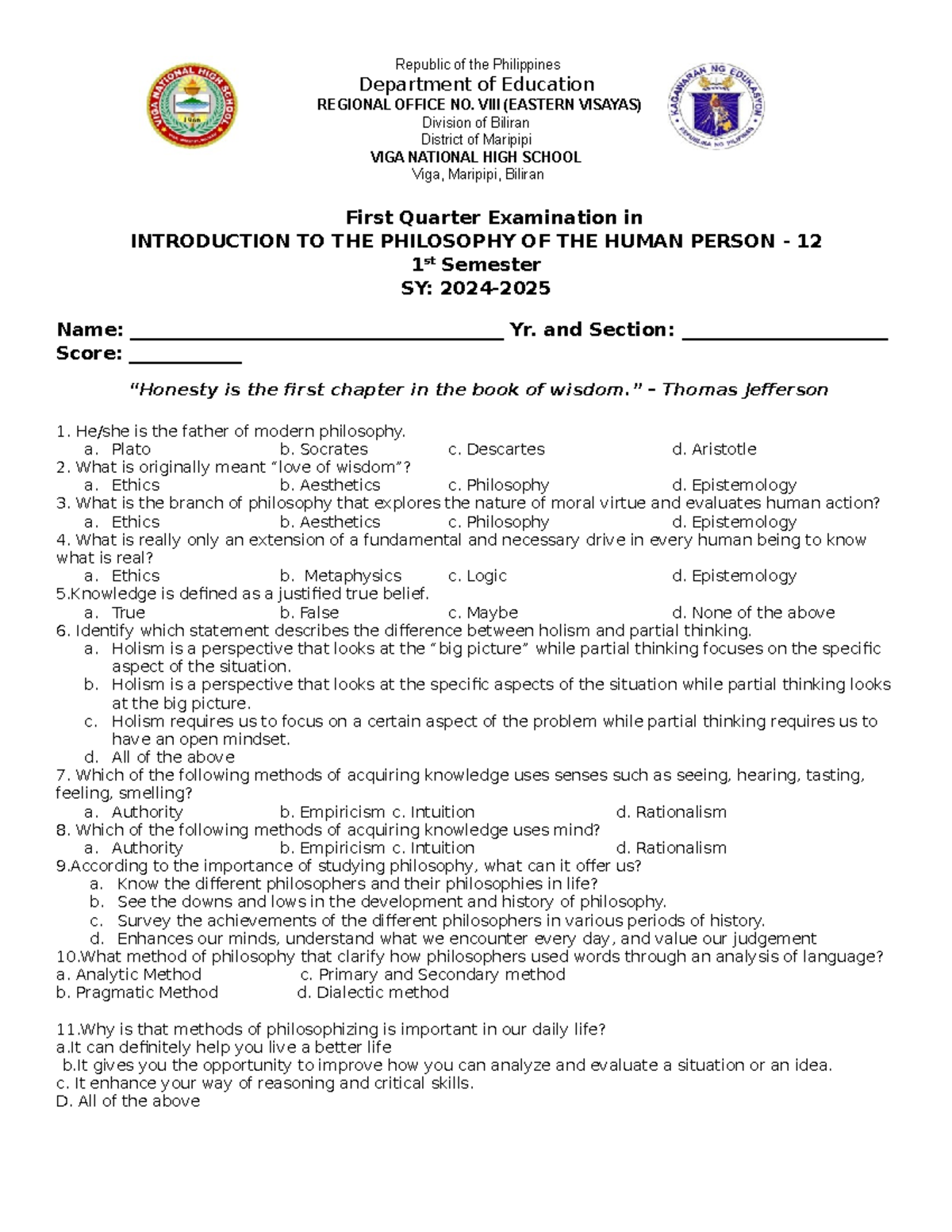 Introduction to the Philosophy of the Human Person - 12 First Exam ...