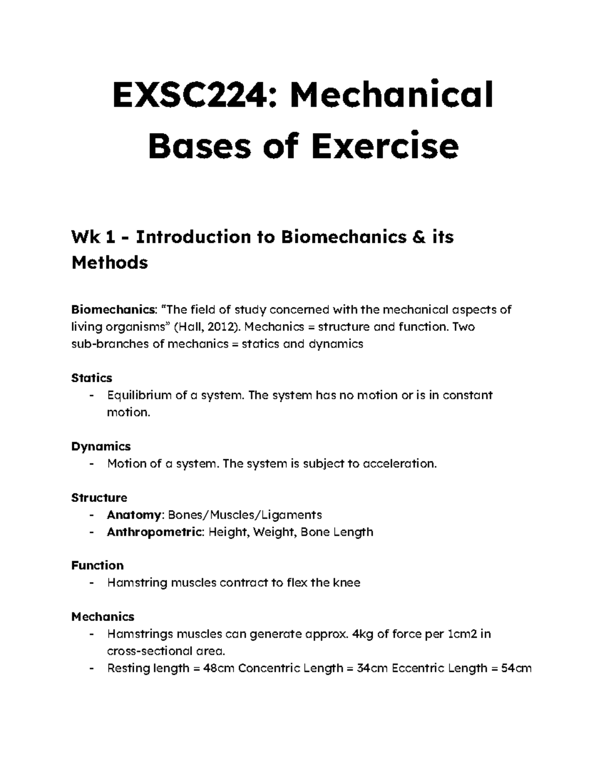 EXSC224: Week 1 Biomechanics Introduction and Key Concepts - Studocu