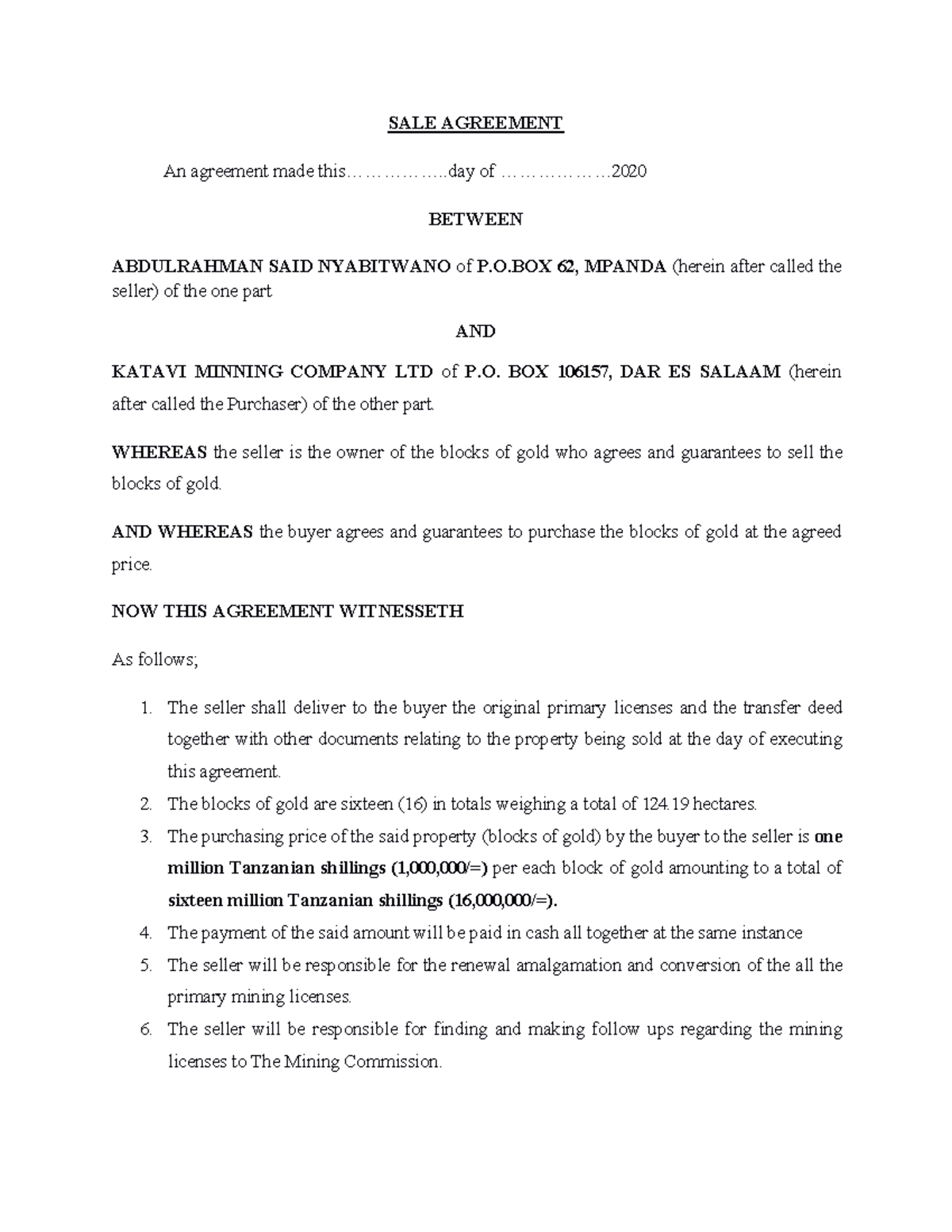 SALE Agreement for Blocks of Gold – Abdulrahman Said & Katavi Mining ...