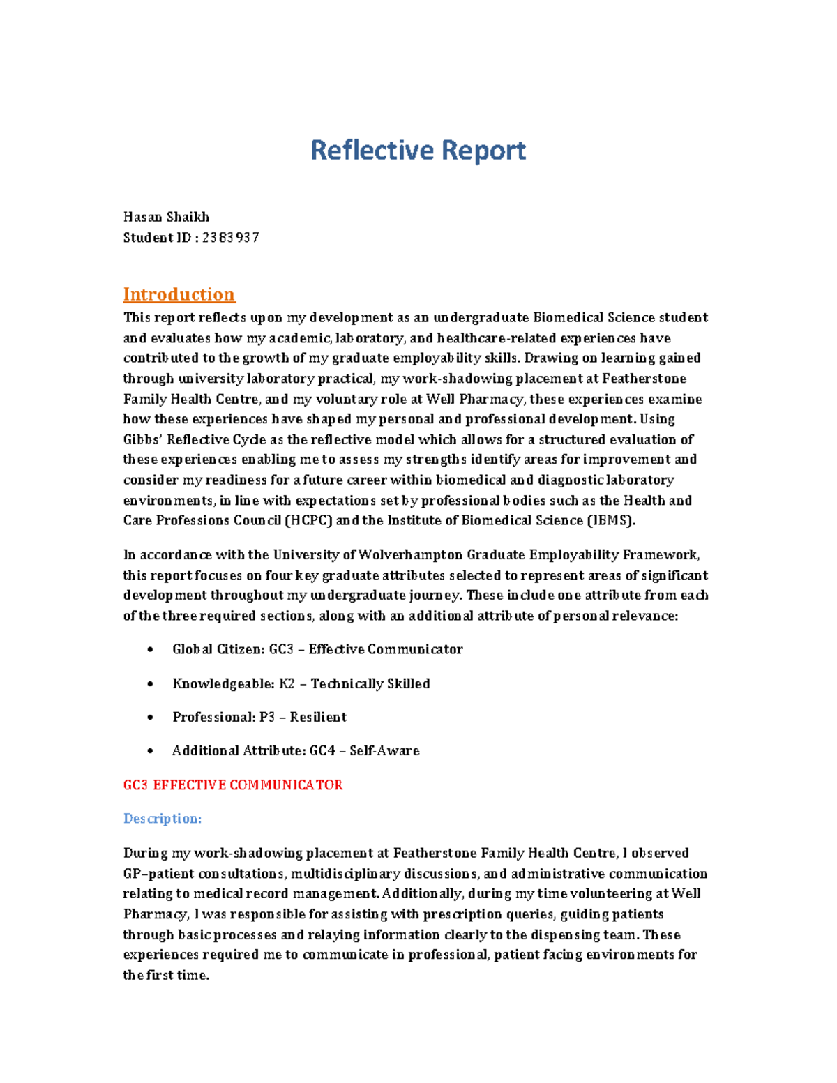 Reflective Report on Graduate Employability Skills in Biomedical ...