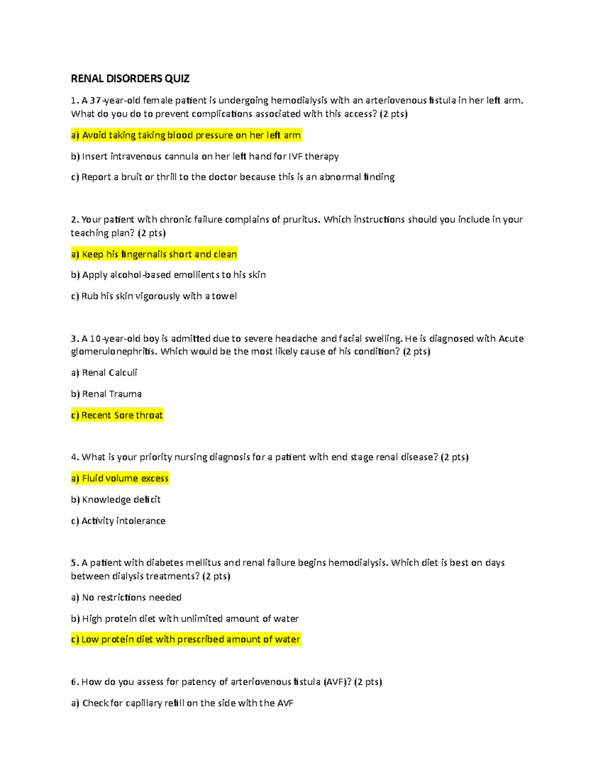 Renal Disorders Nursing Practice Quiz (NUR 101) - Studocu