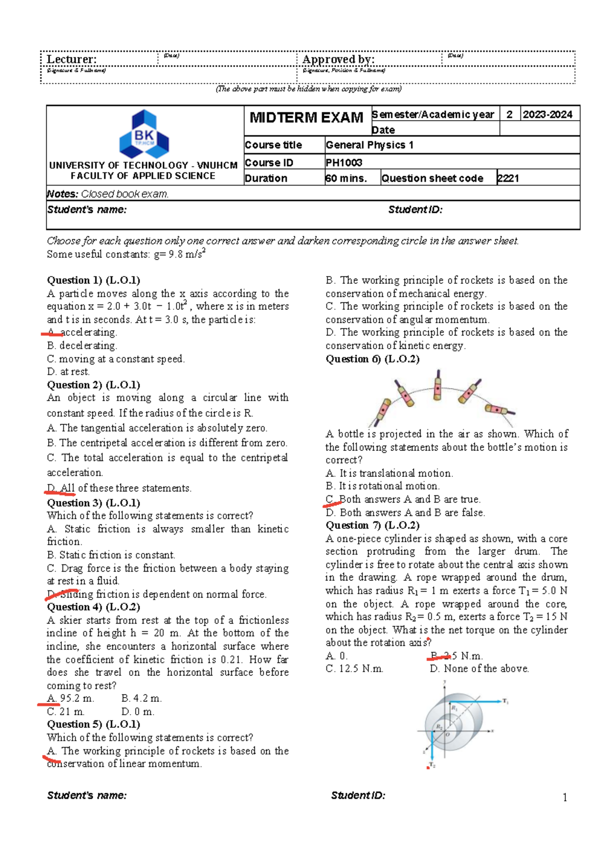 Midterm Exam PH1003: General Physics 1 - Year 2 Questions - Studocu