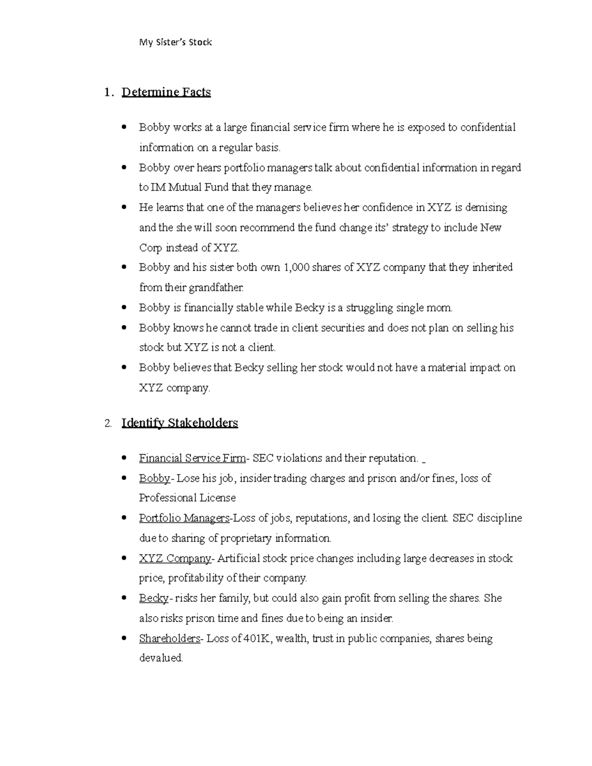 Mysistersstock in class casse write up - My Stock 1. Determine Facts ...