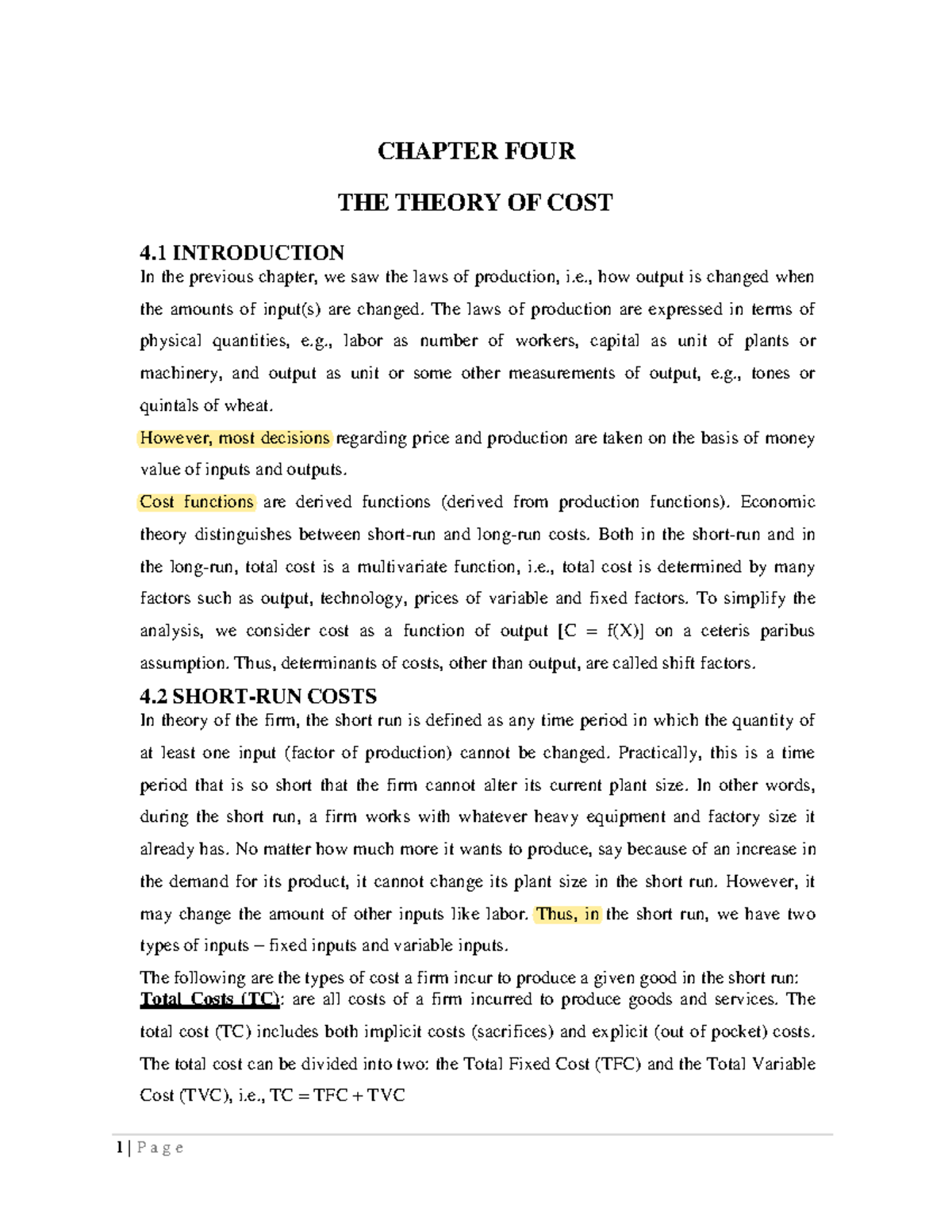 Chapter 4: The Theory of Cost in Microeconomics Notes - Studocu