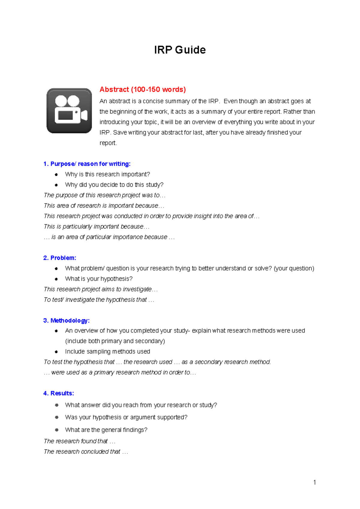 IRP Guide: Crafting an Effective Research Project Summary - Studocu