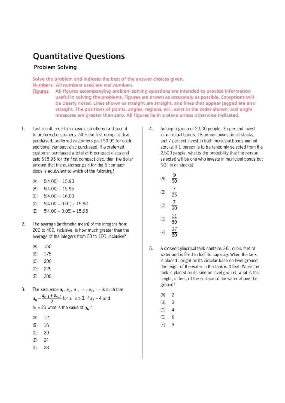 GMAT Quantitative Sample Paper 1: Problem Solving & Answer Keys - Studocu