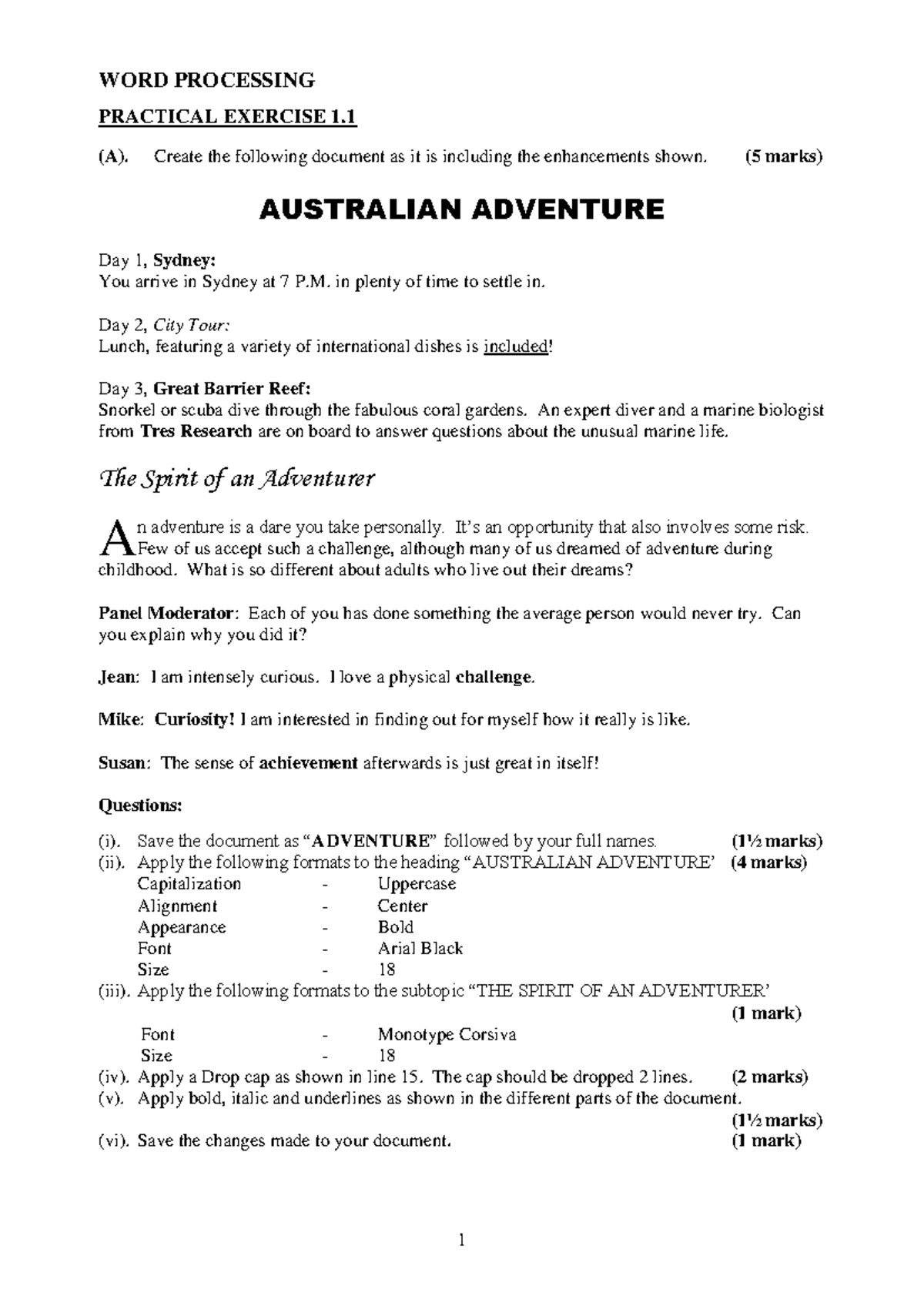 Practical exercises ms - 1 WORD PROCESSING PRACTICAL EXERCISE 1. (A ...
