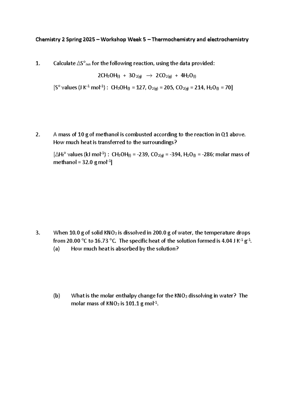 Chemistry 2 Spring 2025 Workshop Week 5: Thermochemistry ...