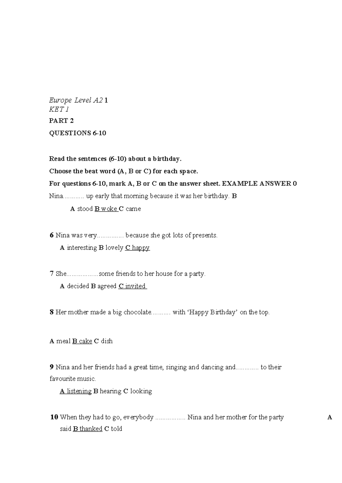 Europe Level A2 KET 1 Practice Test with Answers - Studocu