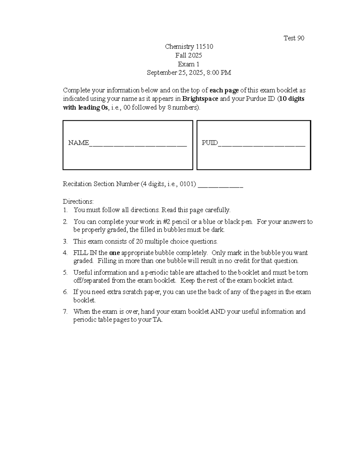CHM 11510 Fall 2025 Exam 1 Test 90 Answer Key - Document Preview