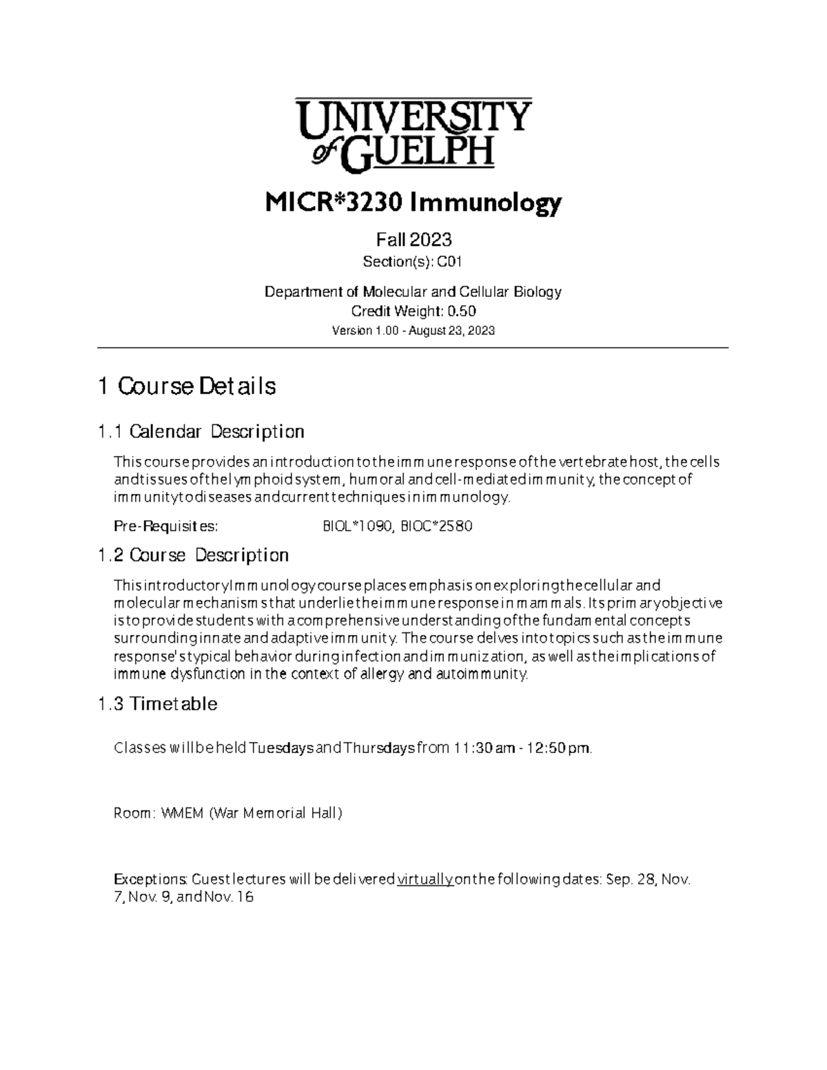 MICR3230 Final F23 Course Outline - MICR*3230 Immunology Fall 2023 ...