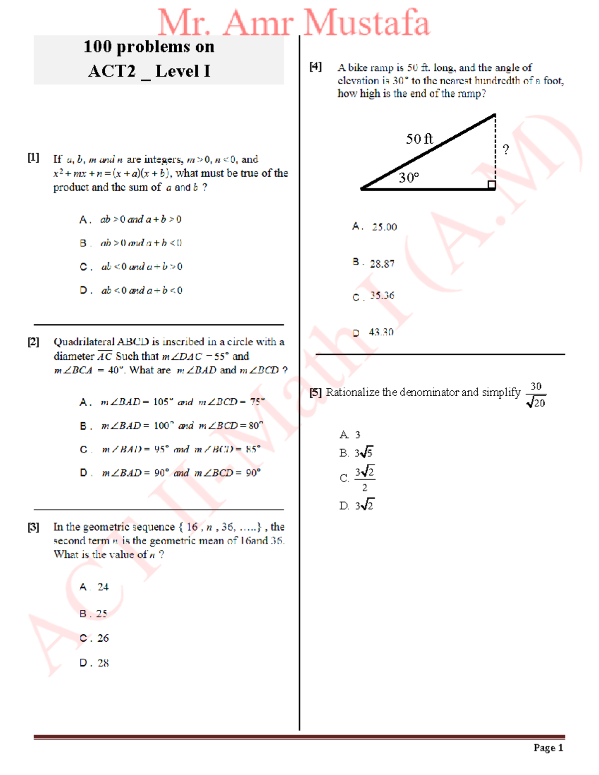Math Level I ACT II - Problem Set and Solutions - Studocu