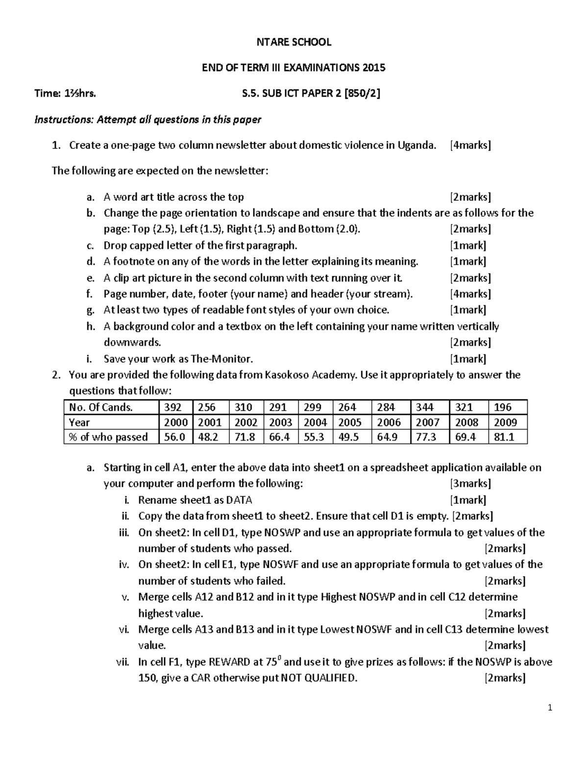 S5 Sub ICT Paper 2 - Ntare School End of Term Exam 2015 - Studocu
