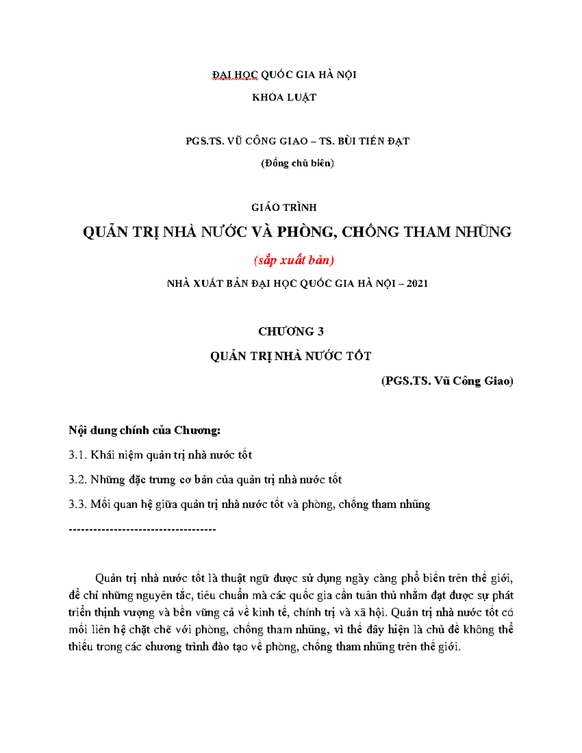 CHƯƠNG 3: QUẢN TRỊ NHÀ NƯỚC TỐT VÀ PHÒNG, CHỐNG THAM NHŨNG - Document Preview
