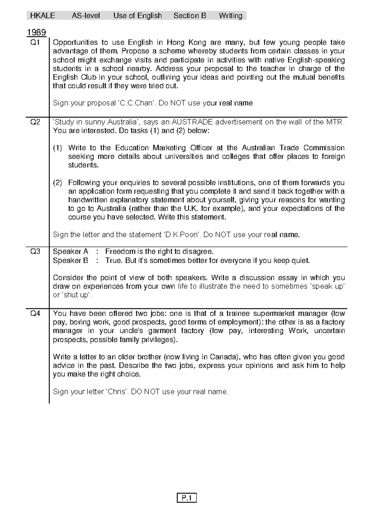 HKALE Use of English Section B Writing Past Paper 1989 - Studocu