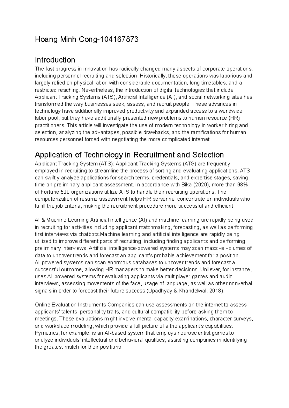 HRM10004 - The Impact of Technology on Recruitment and Selection - Studocu