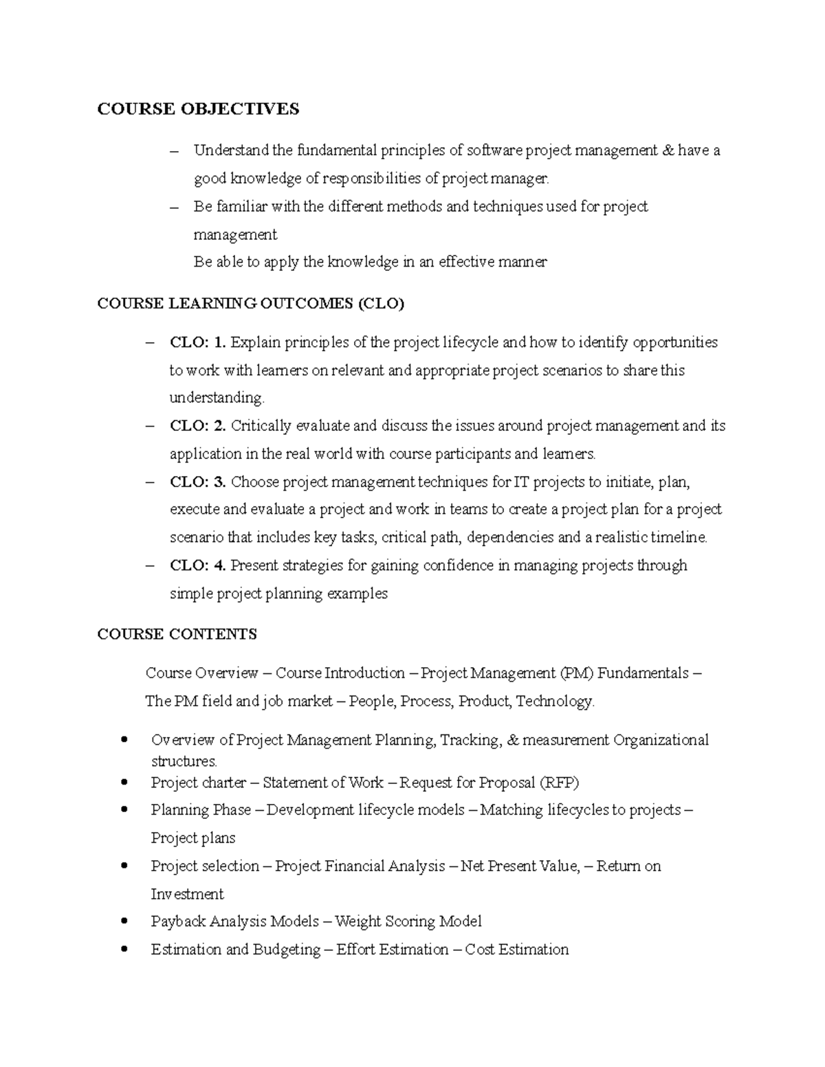 Software Project Management Course Outline and Objectives - Studocu