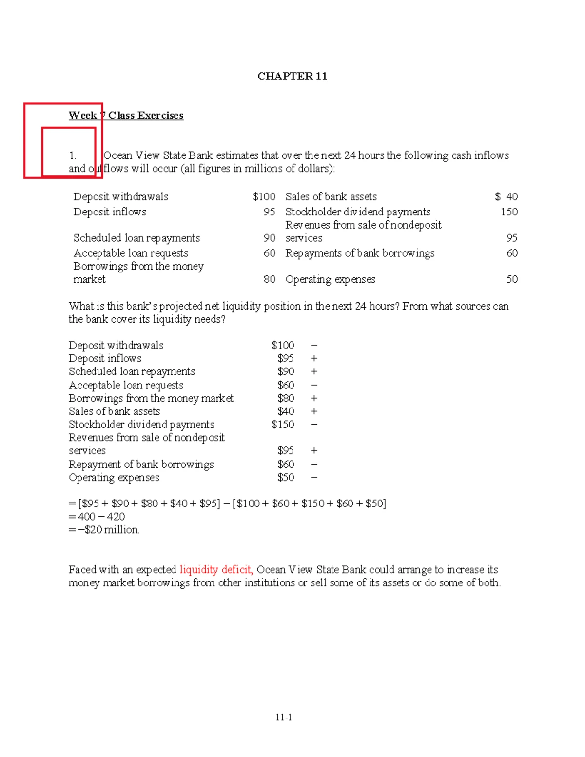 Chapter 11 - Managing Liquidity Positions: Class Exercises Qs - Studocu
