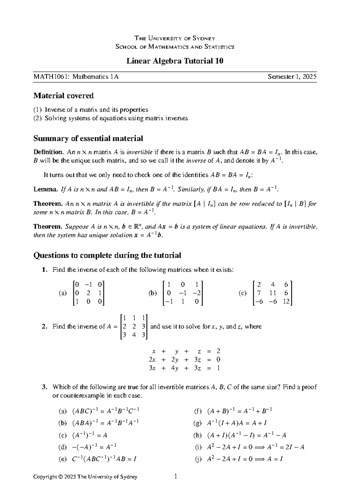 Linear Algebra Tutorial 8 Summary for MATH1061: Math 1A, Sem 1 2025 ...