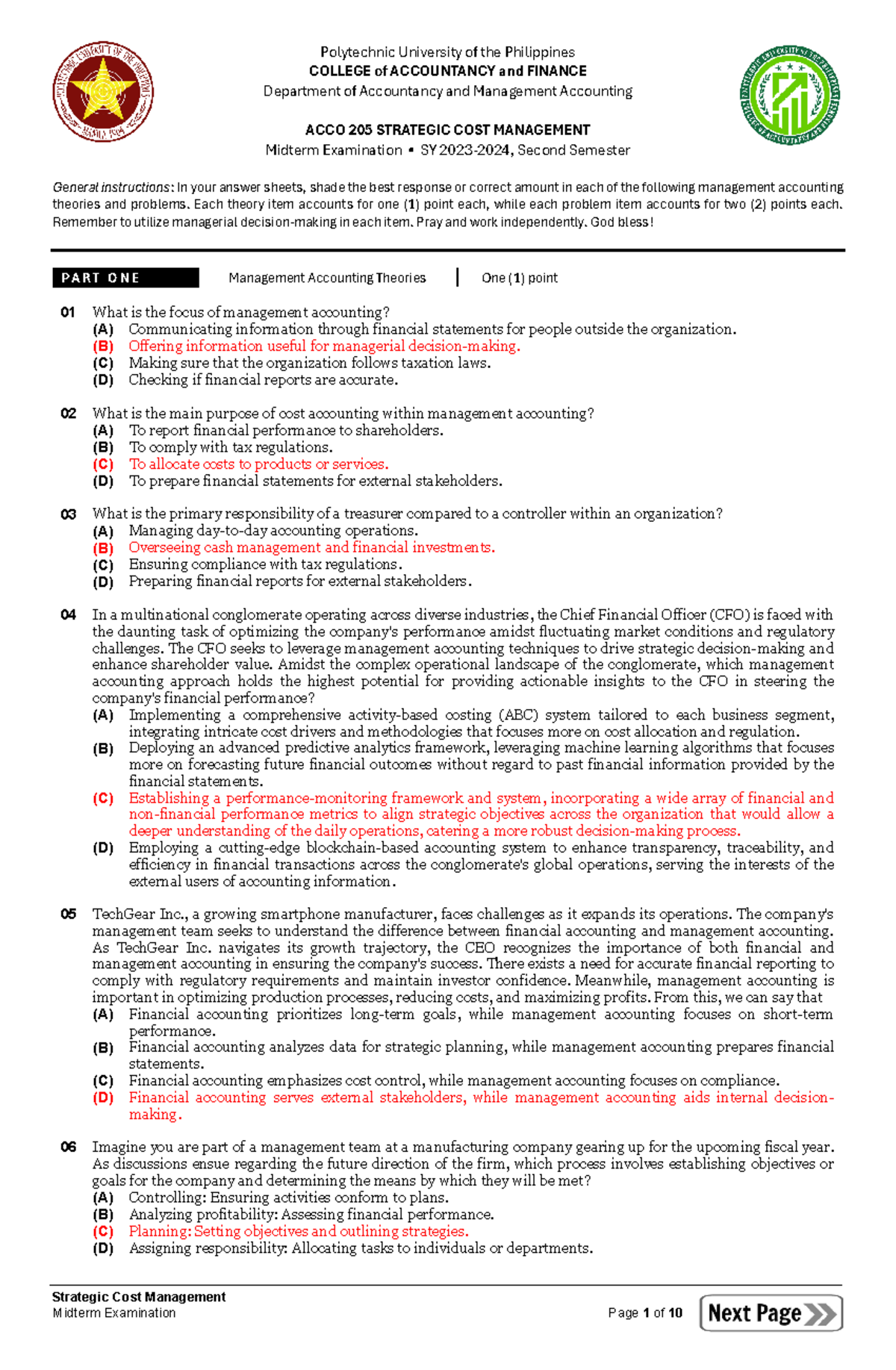 Midterm Exam ACCO 205 Strategic Cost Management 2024 - Studocu
