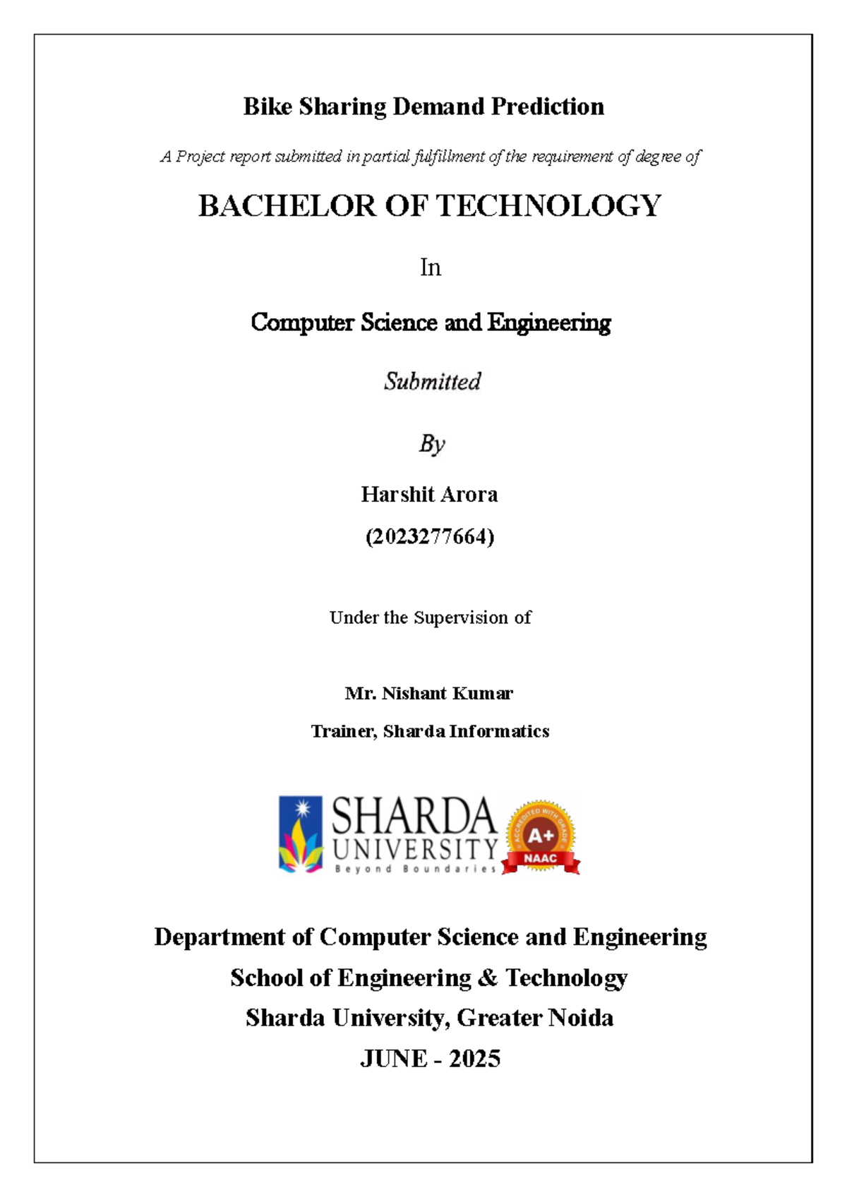 Bike Sharing Demand Prediction Project Report - B.Tech CSE - Studocu