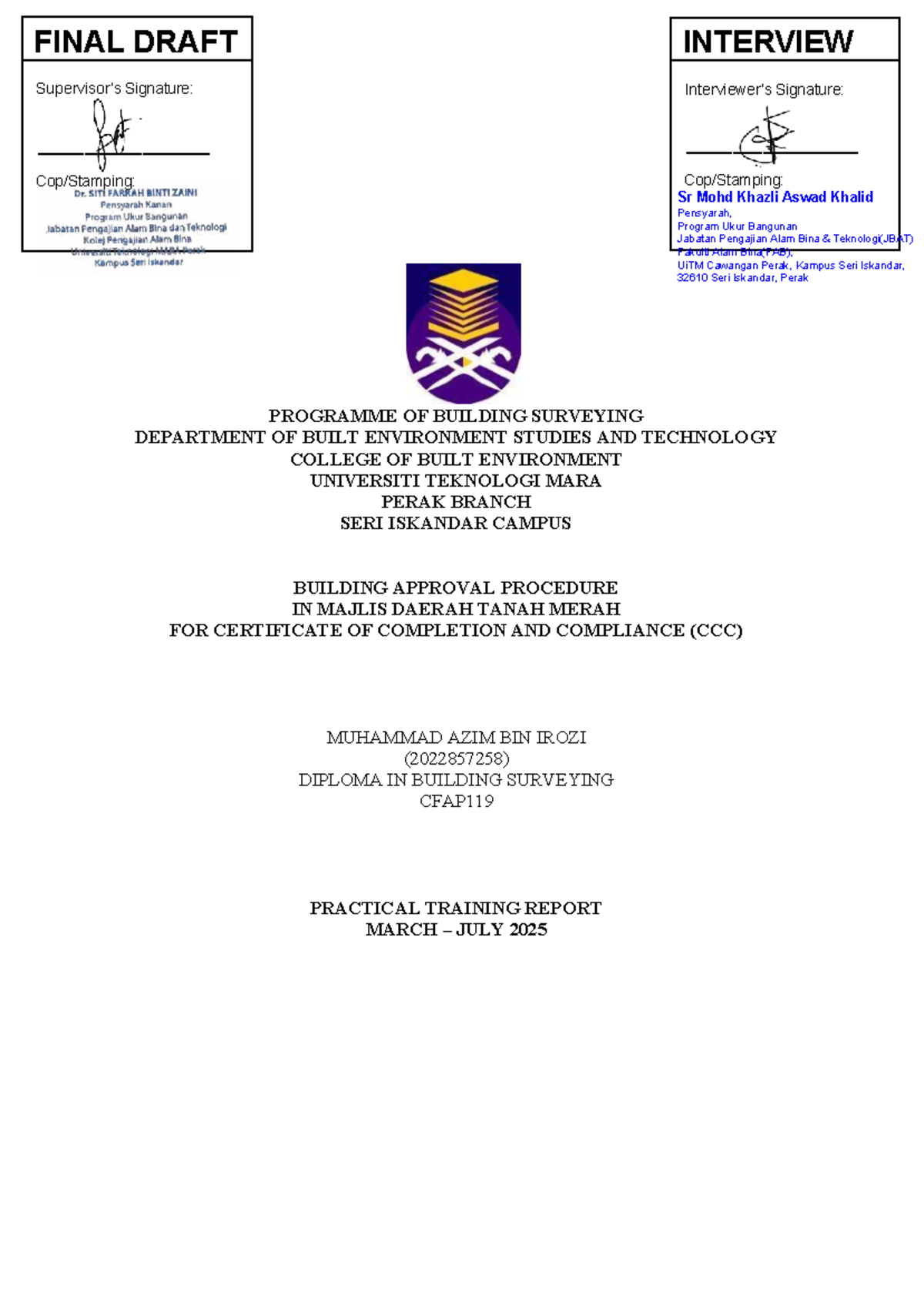 BST360 Practical Training Report: Building Approval Procedure in Tanah Merah - Document Preview
