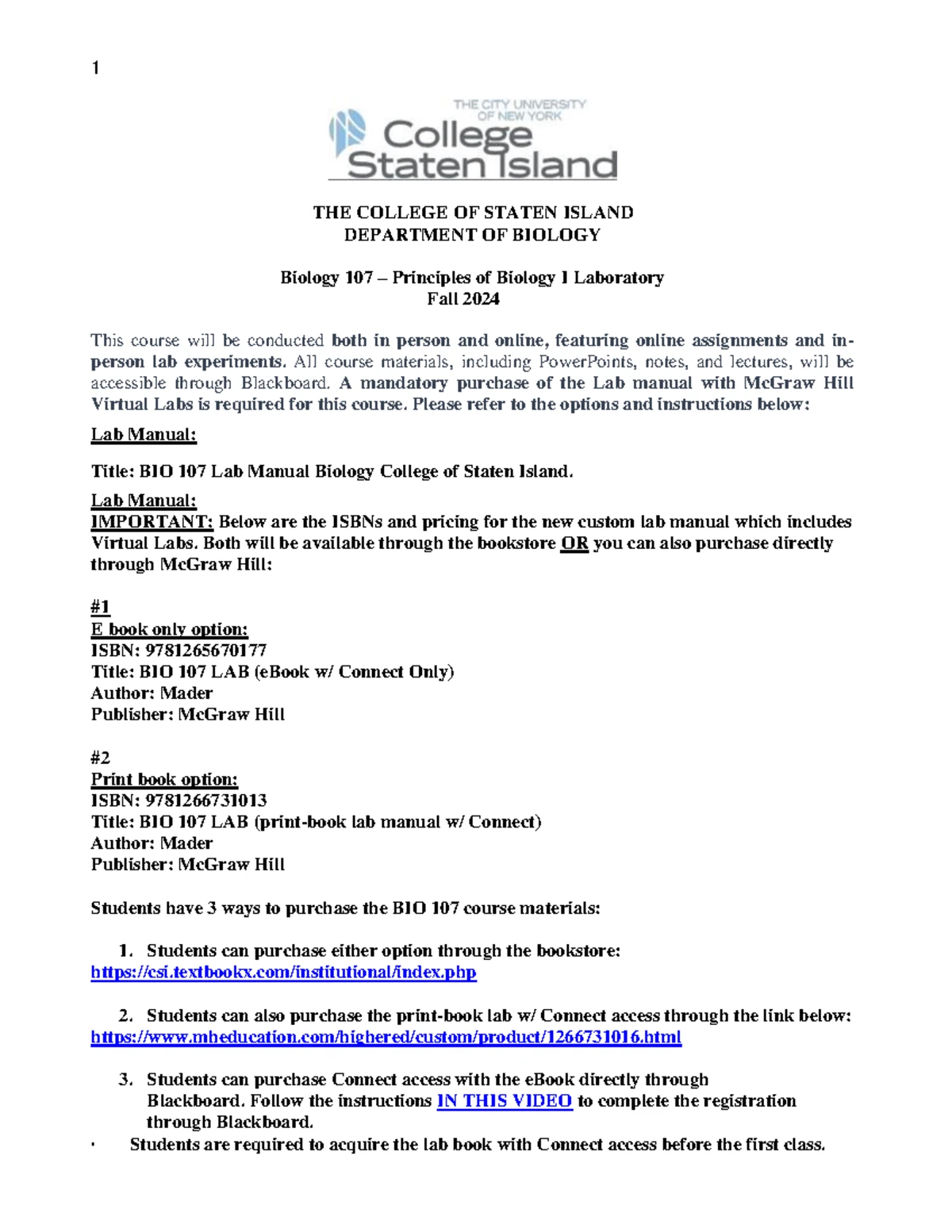 Biology 107 Spring 2024 Course Outline and Lab Manual Information - Studocu