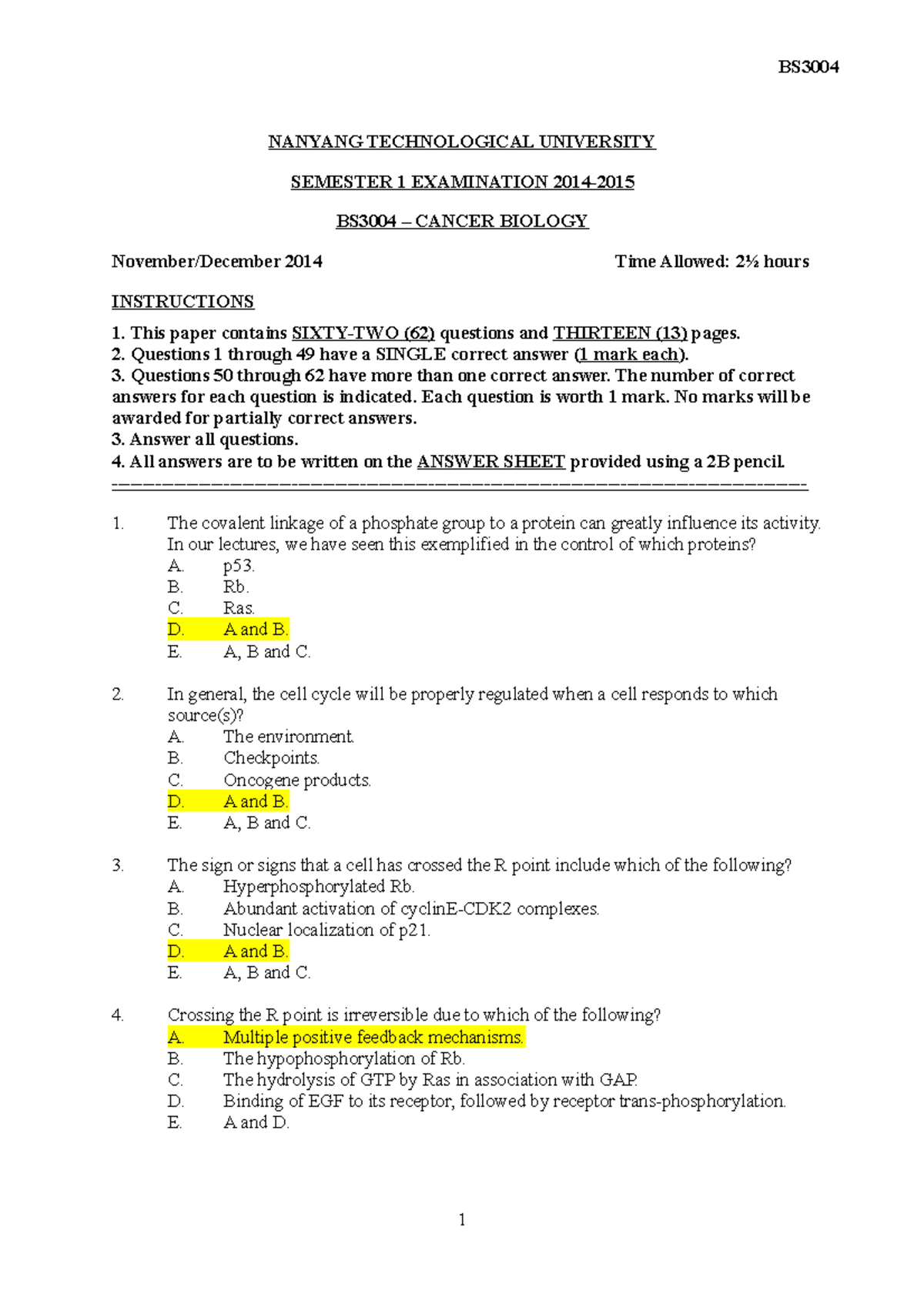 BS3004 Final Exam 2014: Questions and Answers on Cancer Biology - Studocu