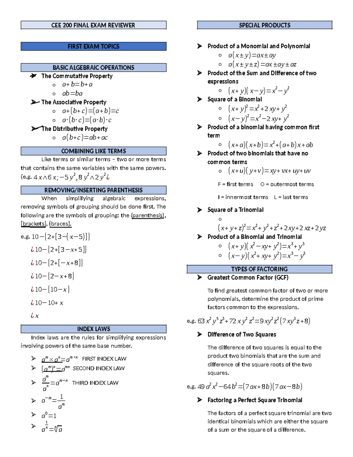 CEE 200 FINAL EXAM REVIEW: BASIC ALGEBRAIC OPERATIONS & TOPICS - Studocu