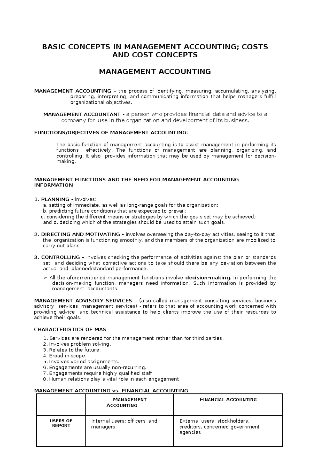 MAS 001 Key Concepts in Management Accounting and Cost Behavior - Studocu