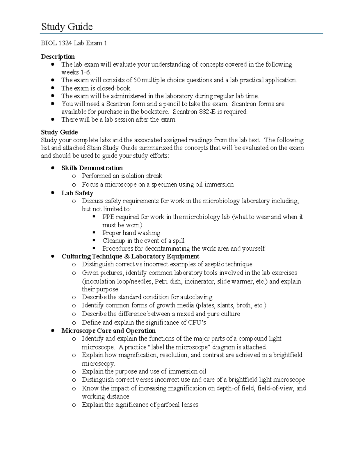 BIOL 1324 Lab Exam 1 Study Guide: Key Concepts for Success - Studocu