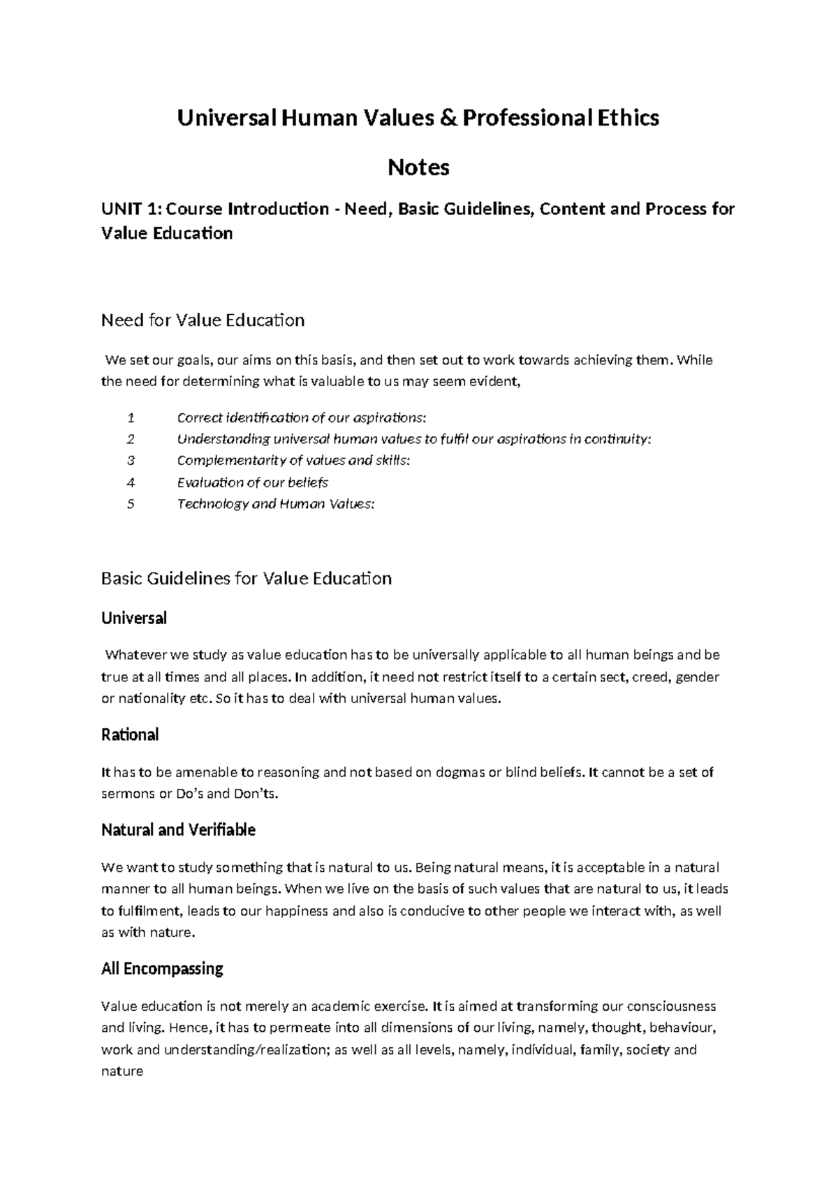 Uhv - Lecture Notes on Universal Human Values & Professional Ethics ...