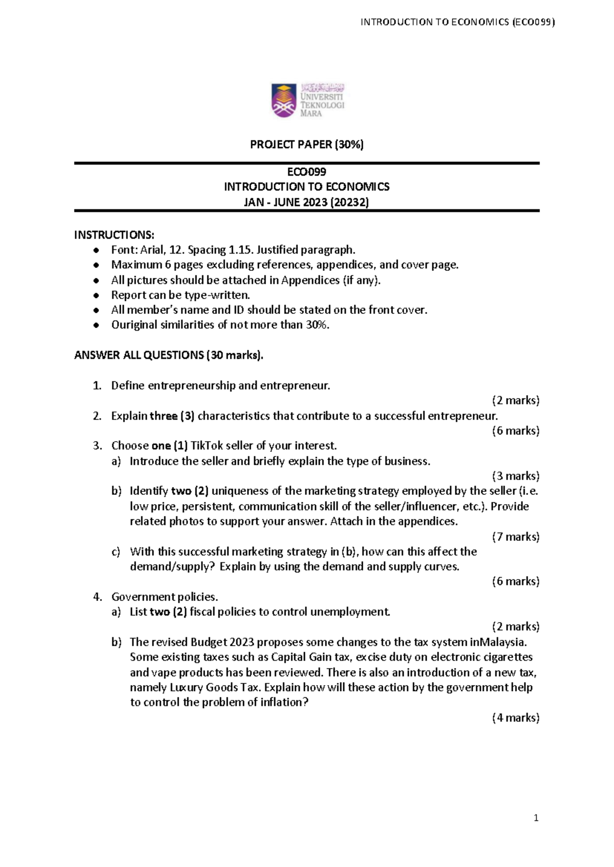 ECO099 Project Paper: Entrepreneurship Insights & 2023 Economic ...