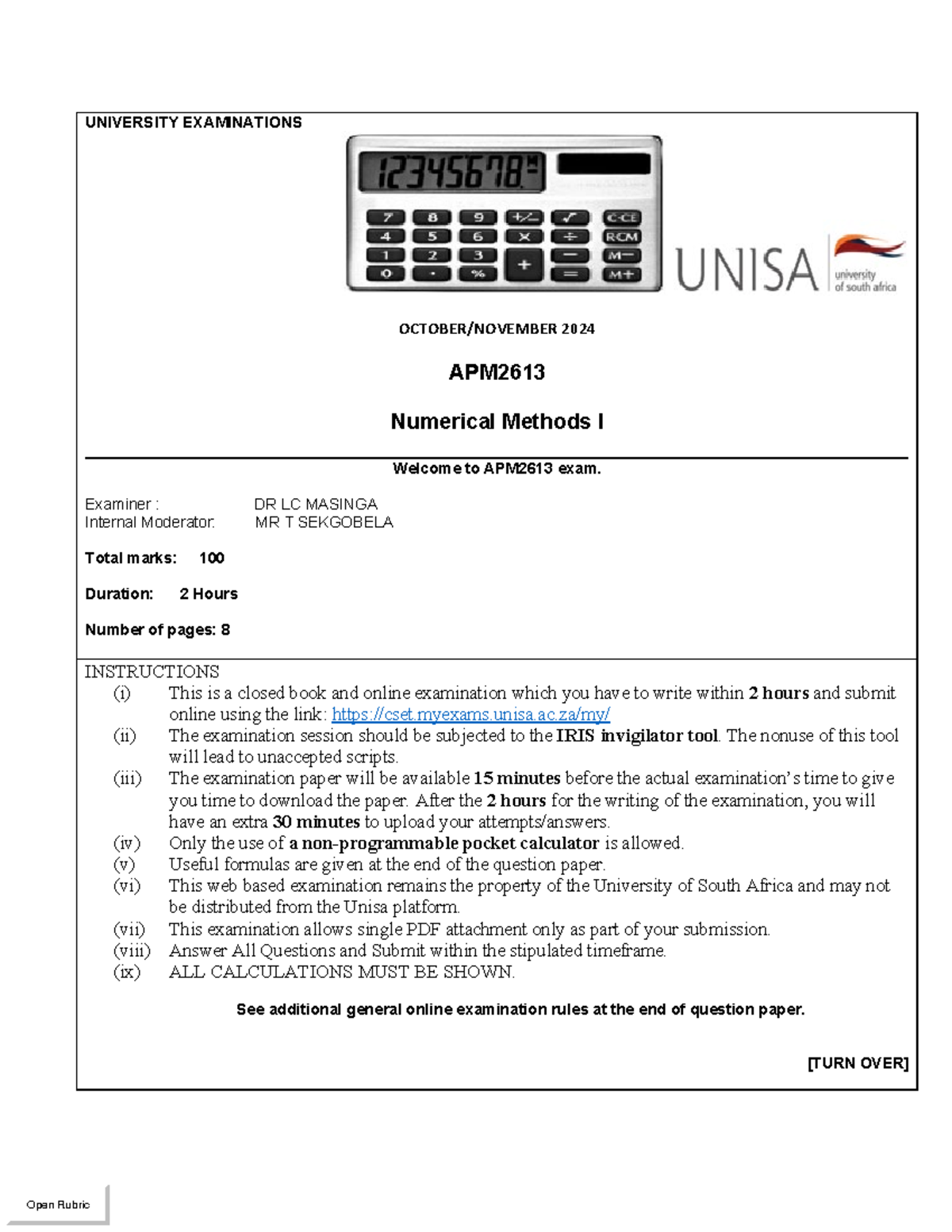 APM2613 Final Exam Guidelines and Instructions - Numerical Methods I ...