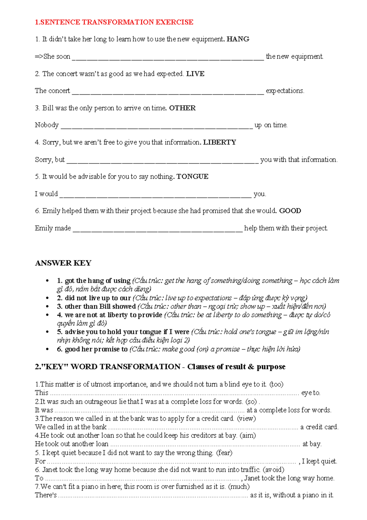 TEST 2 - Writing Transformation Exercise Key - Studocu