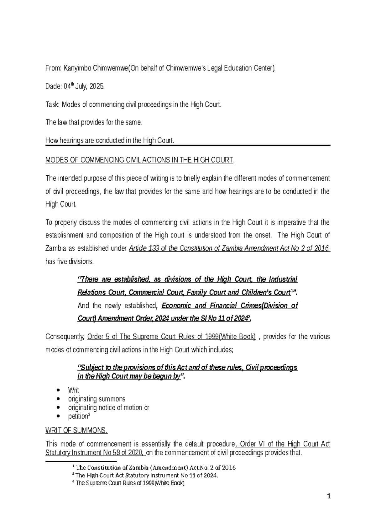 A Write-Up on Modes of Commencing Civil Actions in the High Court - Studocu