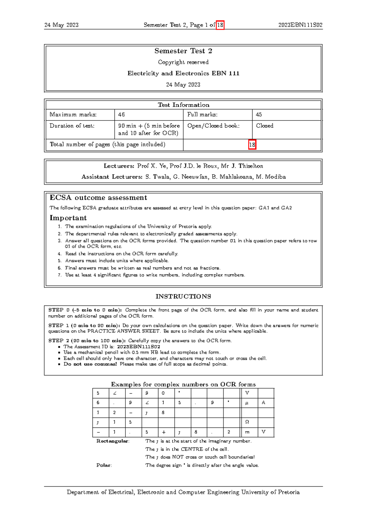2023 EBN 111 Semester Test 2 Memo - Electricity & Electronics - Studocu