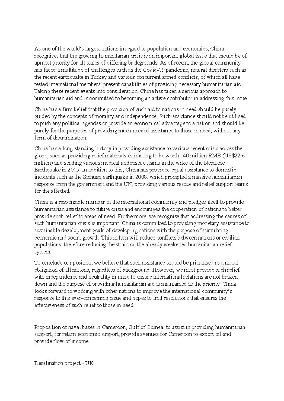 China Position Paper: Humanitarian Aid Commitment and Global ...