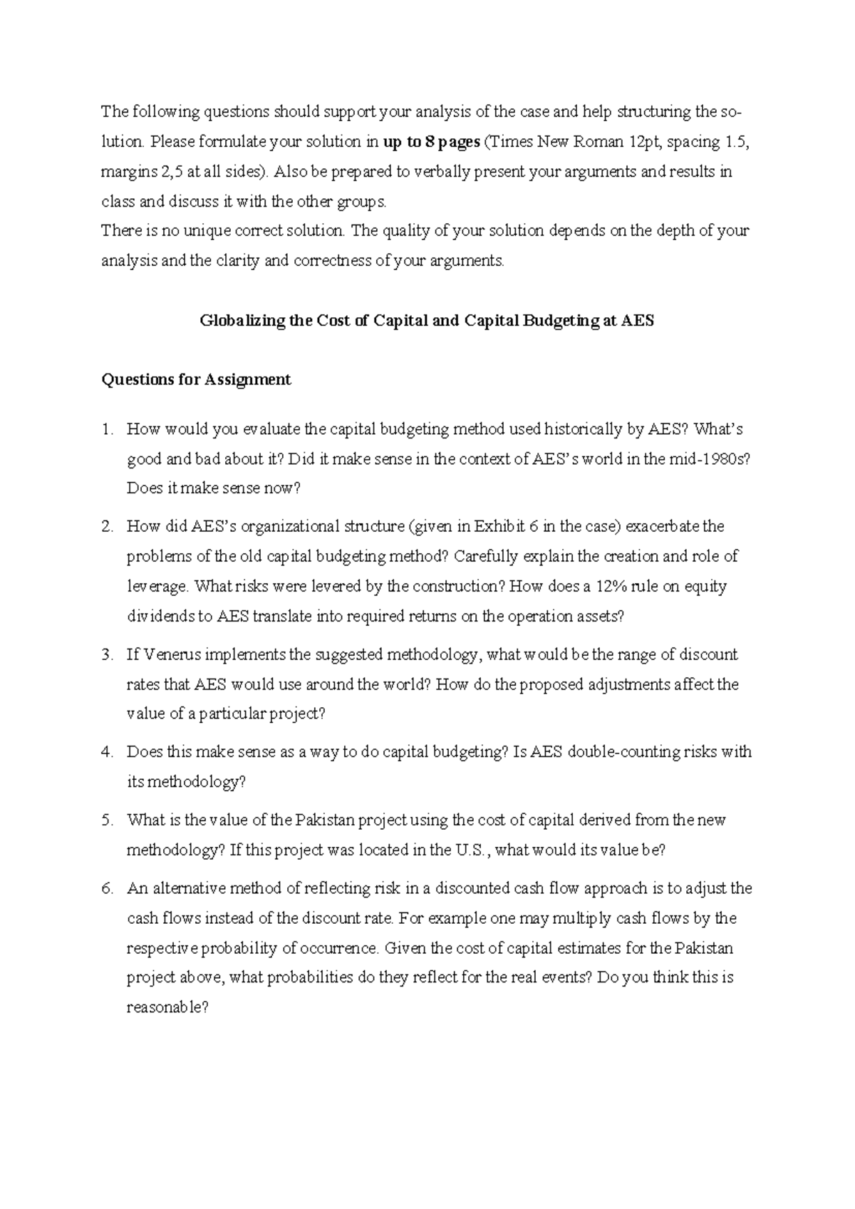 AES - Assignment 1: Case Analysis Questions on Capital Budgeting - Studocu