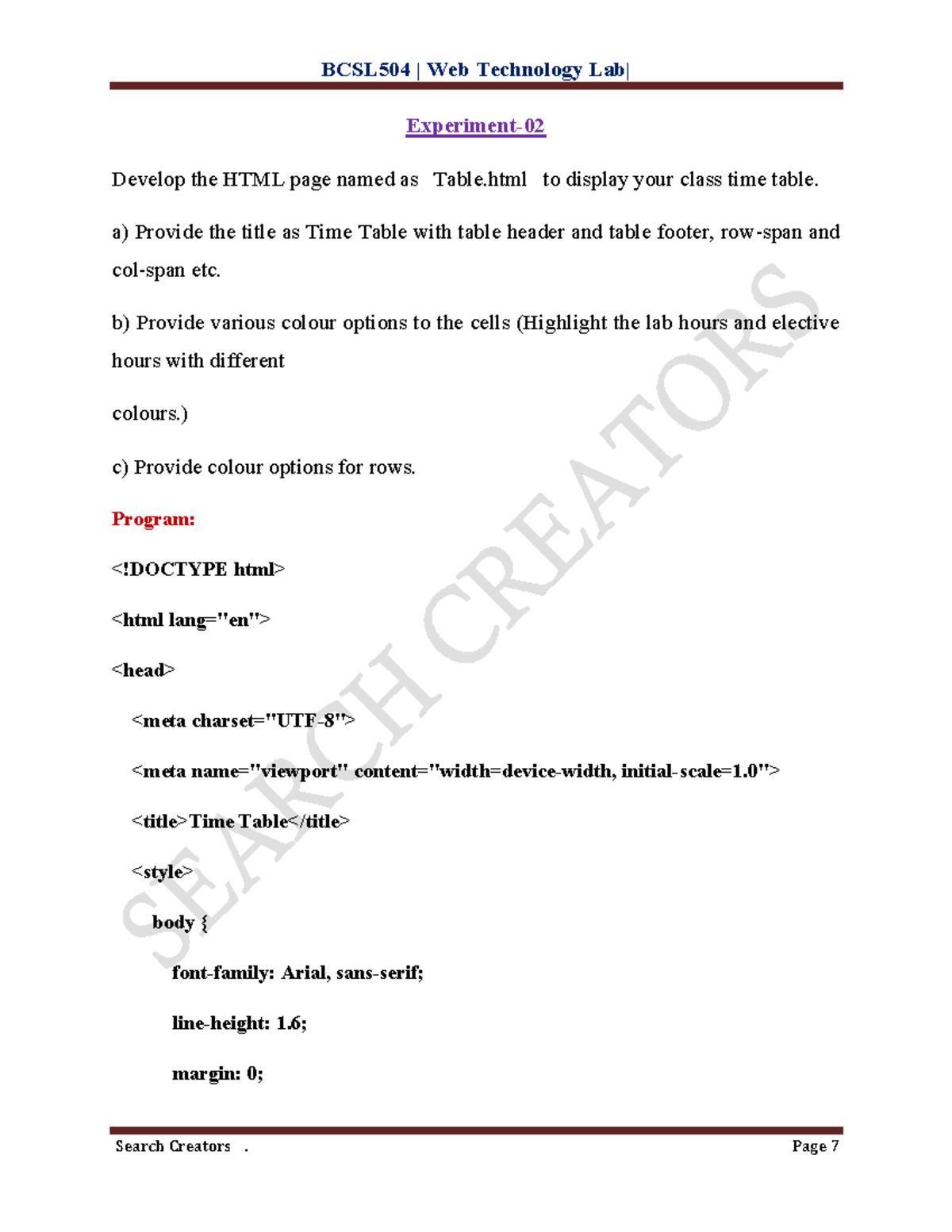 BCSL504 Web Tech: HTML Timetable Creation with CSS Styling - Studocu