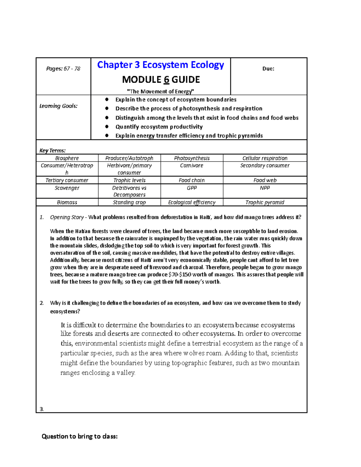 Ecosystem Ecology - Chapter 3 Guided Reading (Module 6 & 8) - 2539656 ...