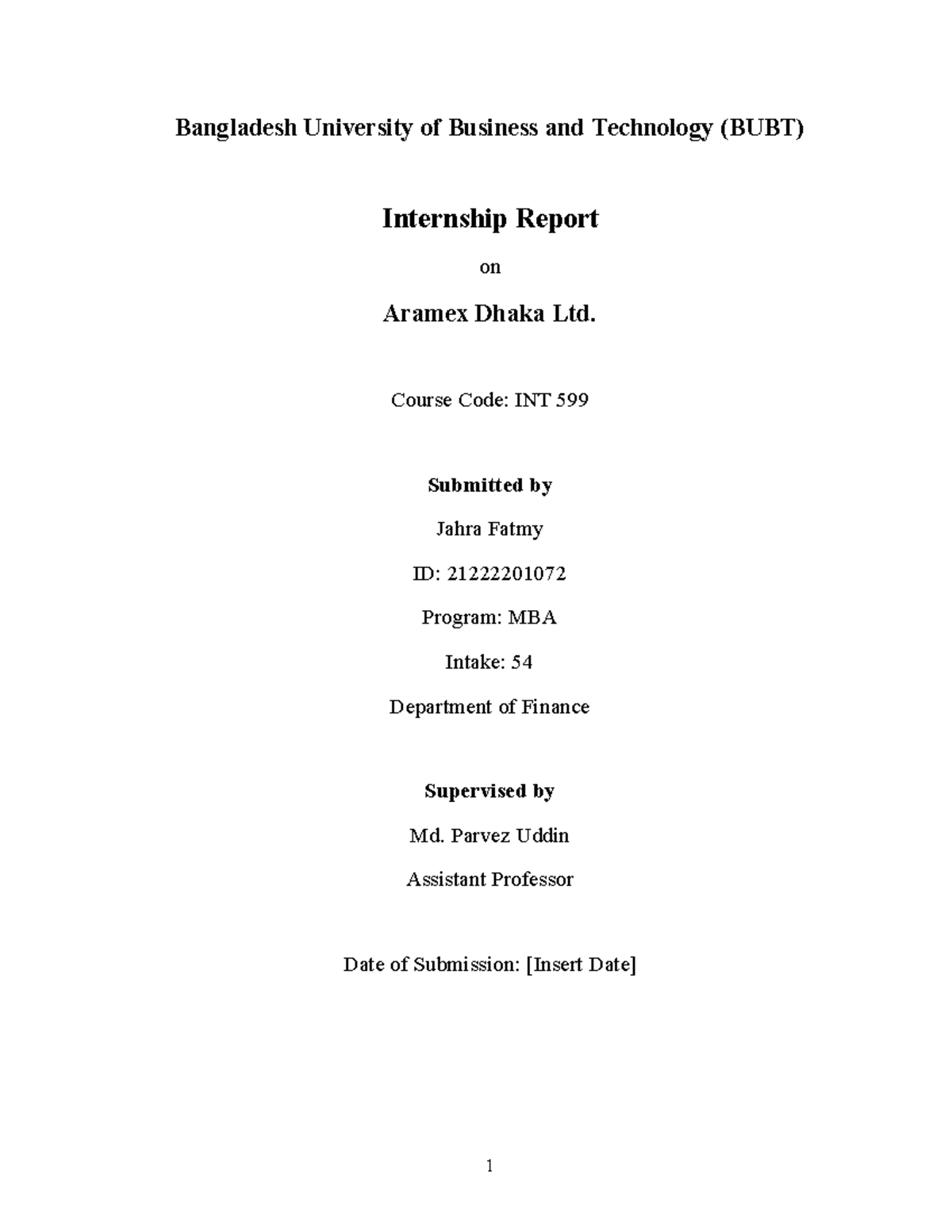 Internship Report on Aramex Dhaka Ltd. - INT 599 - Studocu