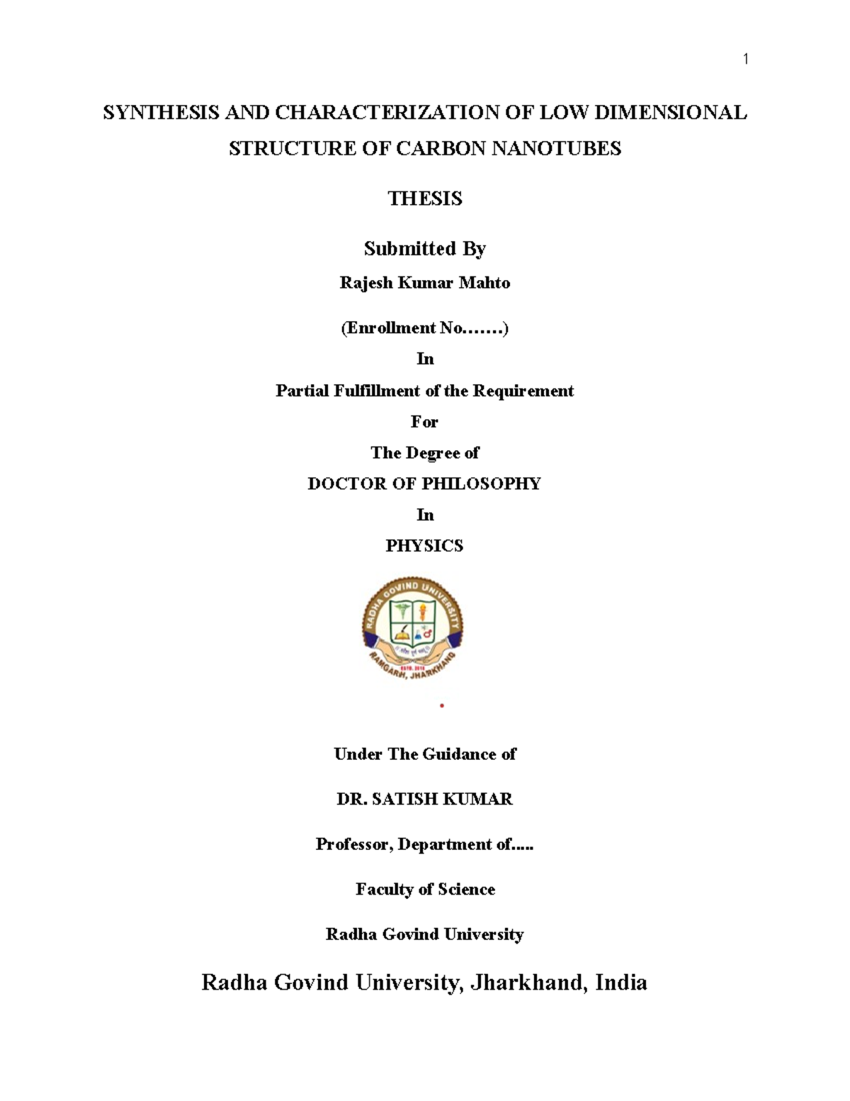 Thesis- Nanomaterial Carbon - SYNTHESIS AND CHARACTERIZATION OF LOW ...