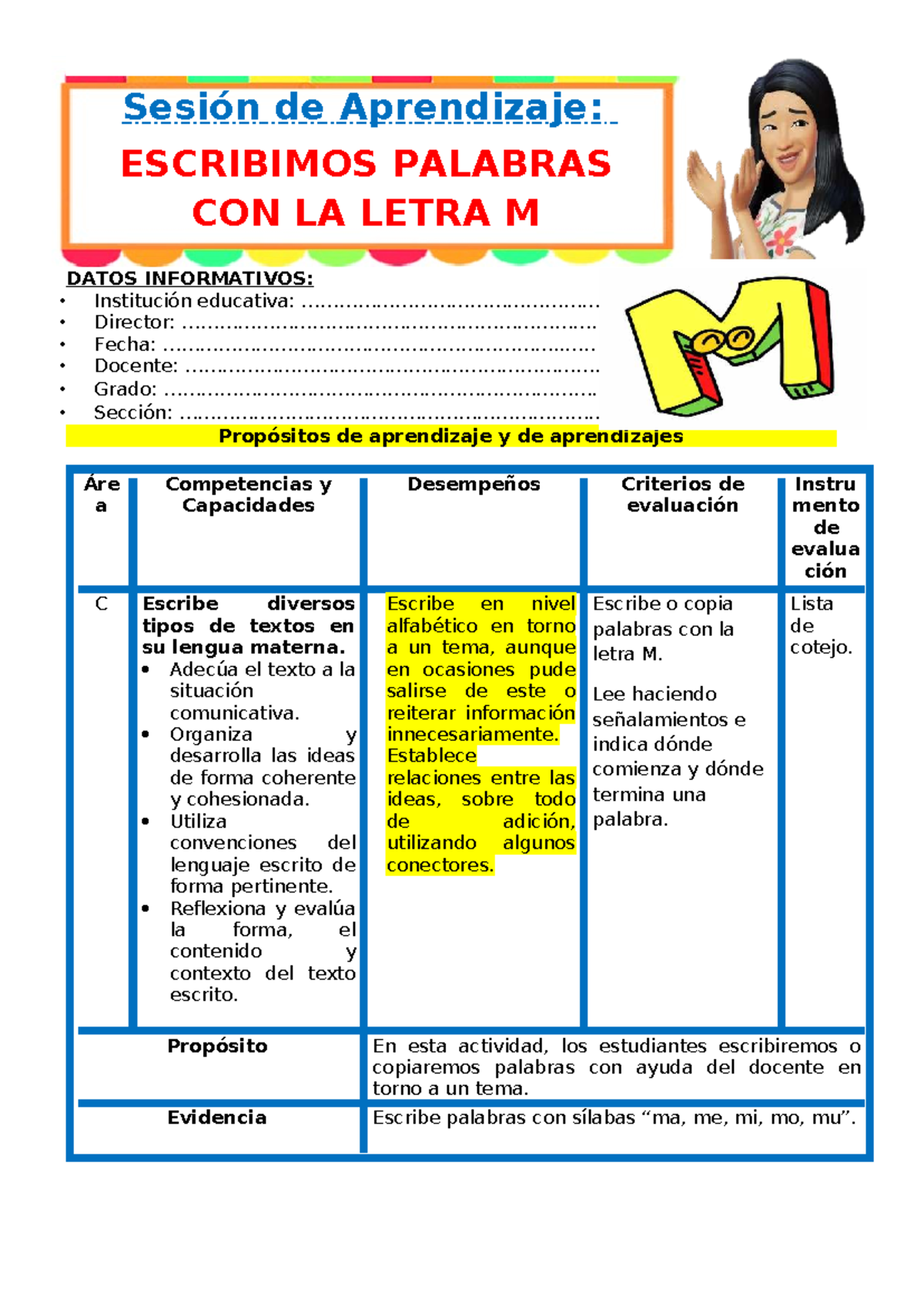 1° Sesión: Escribimos Palabras con la Letra M - Datos Informativos ...
