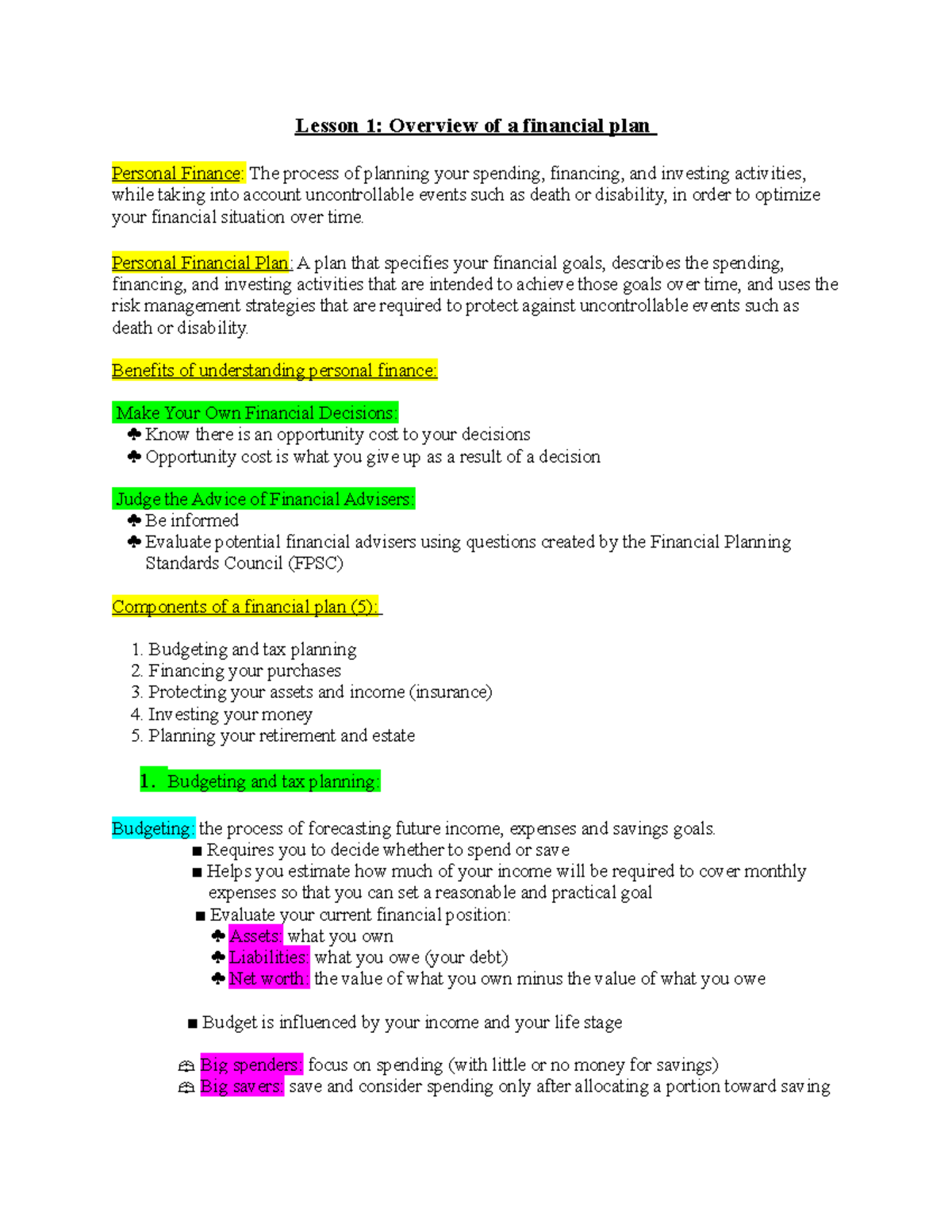 chapter 1, 2, 7 - Lesson 1: Overview of a financial plan Personal ...