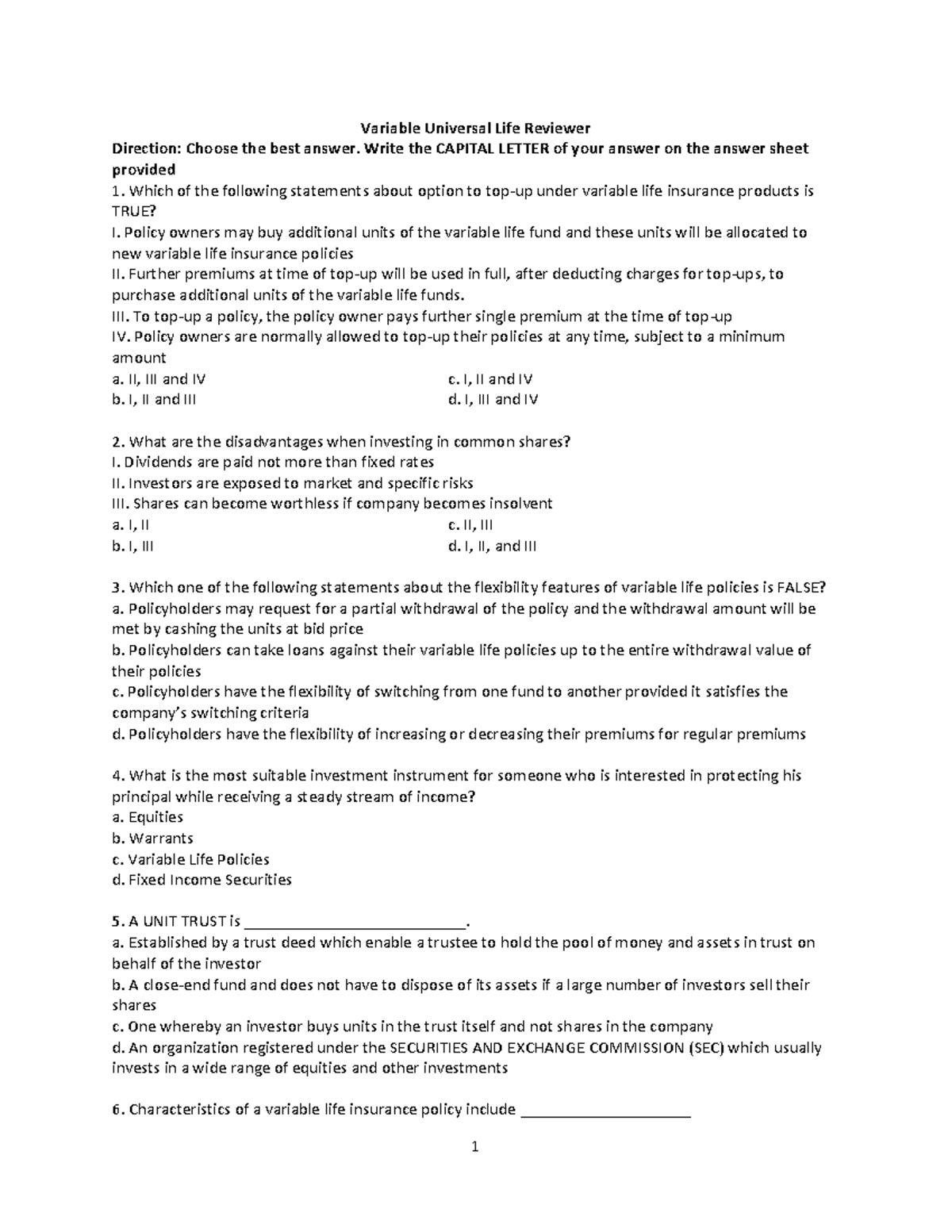 IC 451549209 Variable Universal Life Exam Reviewer - Studocu