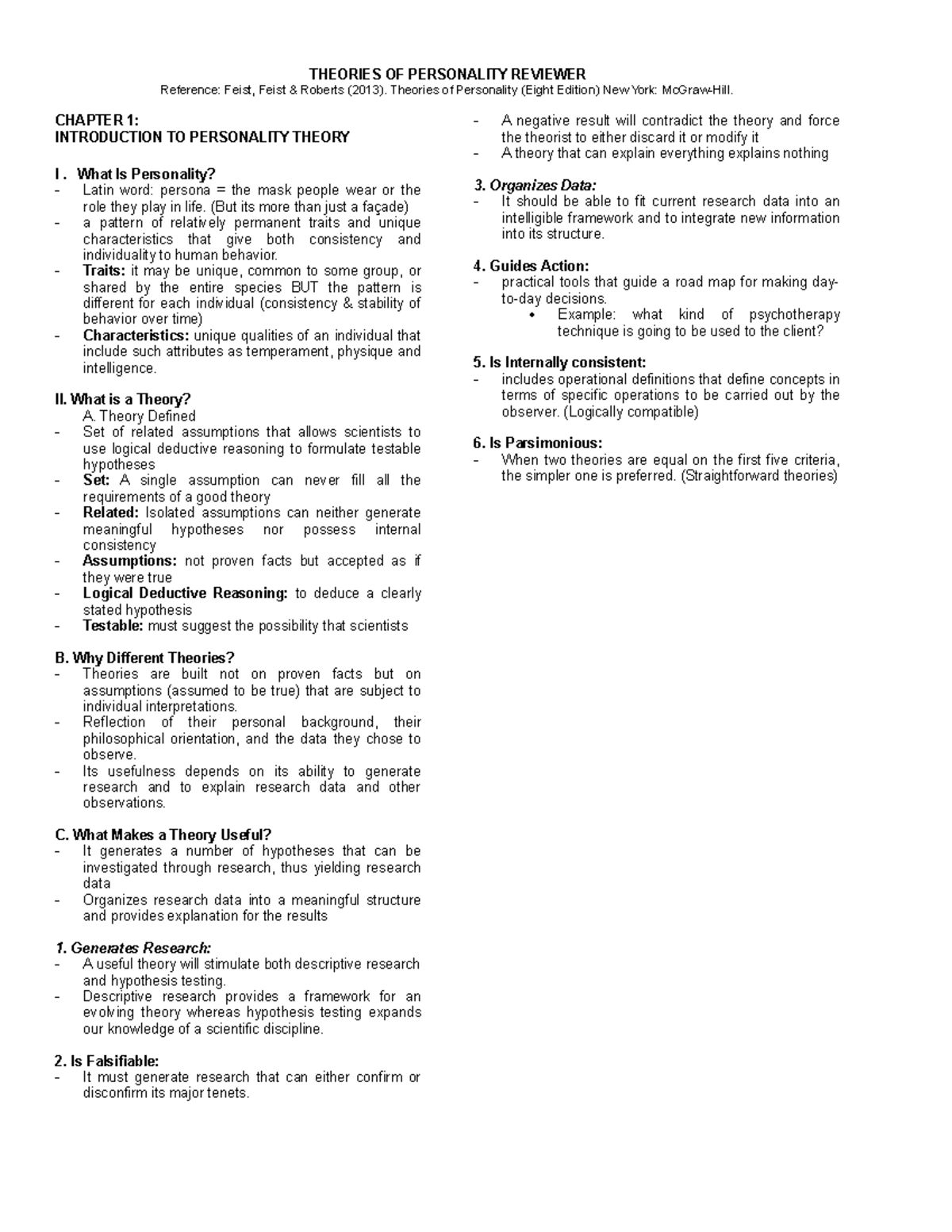 Theories of Personality Reviewer (PSY 101) - Chapter 1 Summary - Studocu