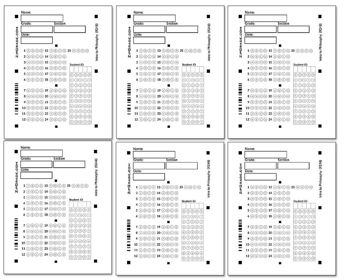 Zip grade answer sjeets - Name: Name: Name: Grade: Section Grade ...